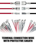 Thirty Piece Pack Female Speaker Wire Connectors With Pre Wired 18 Awg Red And Black Cables Nylon Sleeve Spade Terminals top view showing multiple spade connections.
