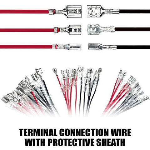Thirty Piece Pack Female Speaker Wire Connectors With Pre Wired 18 Awg Red And Black Cables Nylon Sleeve Spade Terminals top view showing multiple spade connections.