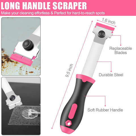 4 Pack Razor Blade Scraper Kit With 50 Blades, 20 Metal And 30 Plastic, Double Edged Handles, Long Handle Scrapers For Tackling Paint, Glue, Vinyl, Glass, Wallpaper Removal And Heavy Duty Scraping. Long handle steel scraper with soft rubber grip and replaceable blade.