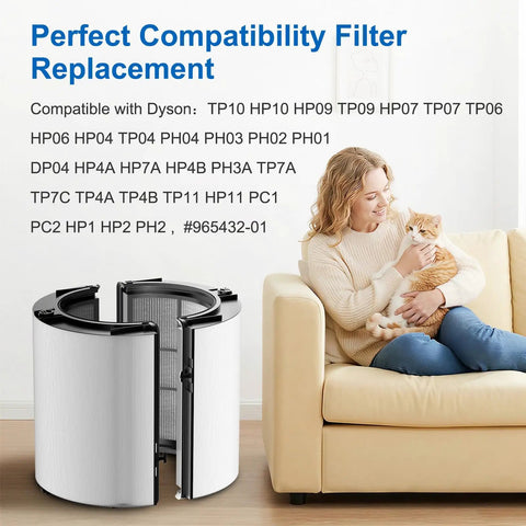 360 Combi Glass HEPA And Carbon Filter Replacement For TP10 HP10 HP09 TP09 shown next to woman holding a cat on a couch