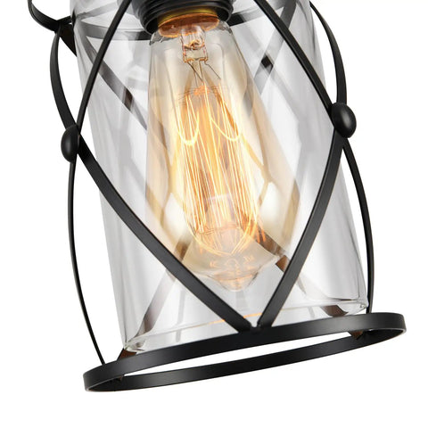Close-up of the Fresh Matte Black Three Light Pendant With Clear Glass Shades Adjustable Farmhouse Industrial Hanging Fixture.