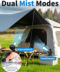 Magnetic Golf Cart Clip On Mist Fan with Light used in camping tent displaying intermittent and continuous mist modes