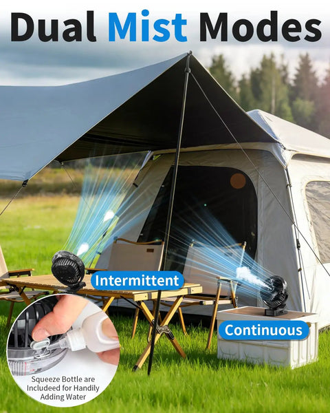 Magnetic Golf Cart Clip On Mist Fan with Light used in camping tent displaying intermittent and continuous mist modes