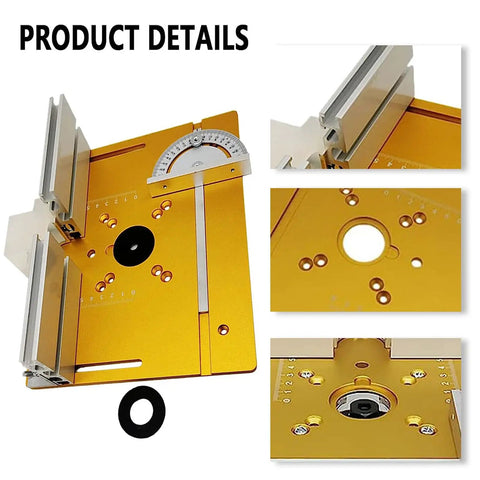 Rock Solid Aluminum Router Lift Precision Milling Table Insert showing golden surface, adjustment features, and mounting holes.
