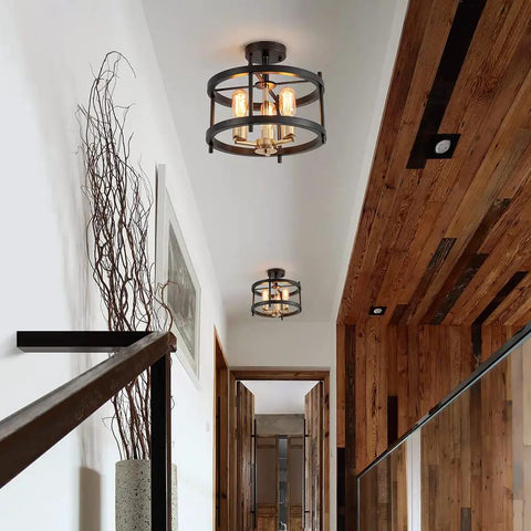 Farmhouse 3 Light Semi Flush Mount Ceiling Light Fixture in Matte Black and Gold Finish with Openwork Circle Frame in hallway
