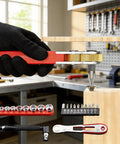 Pro Grade Ratchet Screwdriver Set With 36 Tooth Ratchet Driver Bits And Sockets used in furniture assembly.
