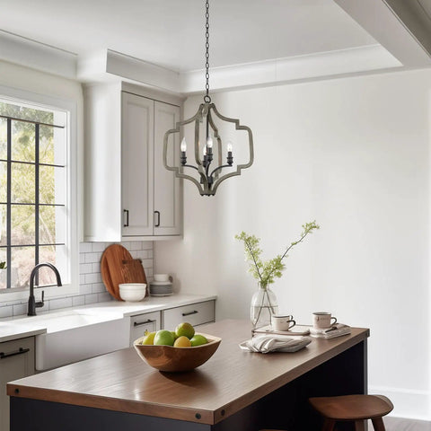 Atwood 23 Inch Four Light Farmhouse Pendant Light Chandelier With Open Design In Gray Oak Wood Finish And Sandblasted Black Finish
