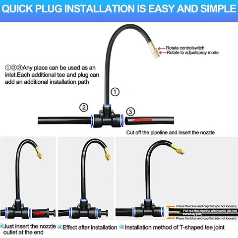 Illustration showing setup of Greenhouse Drip Irrigation Kit With 20 Brass 360 Degree Adjustable Nozzles, 65 Ft 1/2 Inch Tubing