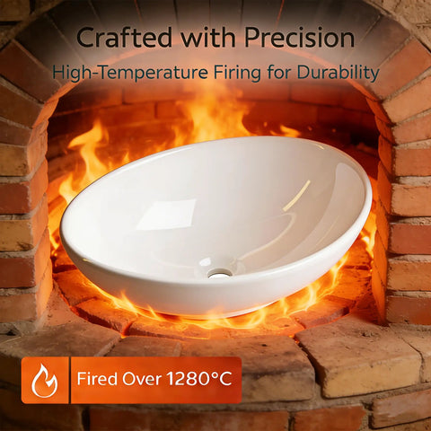 NUESTRA VIDA Overhead Sink Oval Ceramic 16.1 * 13 * 5.5 IN in a furnace, showcasing high-temperature firing for durability.