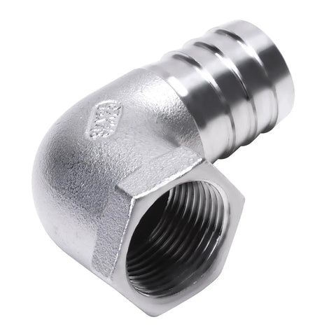 Stainless Steel 304 One Inch Hose Barb to Three Quarter Inch Female NPT 90 Degree Elbow Pipe Fitting, close-up view