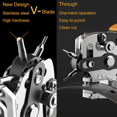 Close-up of Leather Hole Punch Tool Set Multifunction Puncher, durable 4CR stainless needle, V-shaped edge, for precise leather holes.