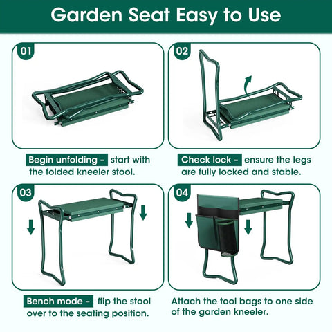 Assembly steps for 2-In-1 Garden Kneeler With Umbrella, Garden Kneeling Bench With 42-Inch Green Umbrella and tool bags.