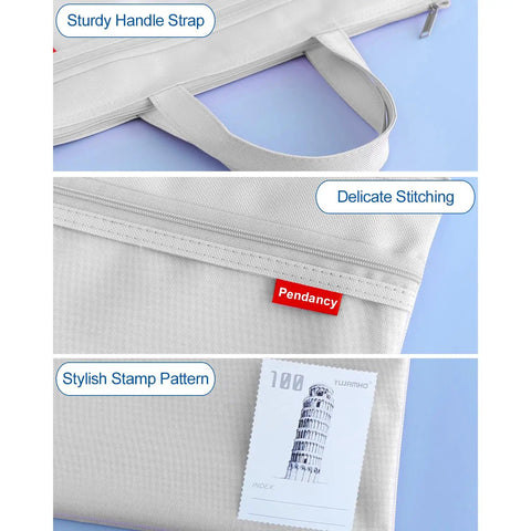 Close-up of Mesh Zipper Pouch With Double Pocket Waterproof File Bag with handle, showcasing handle, stitching, and stamp pattern.