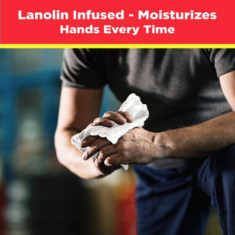 Person using Oversized 10X12 Cleaning Wipes For All Purpose Garage And Auto Cleanup Ink Paint Tar Grime Remover, lanolin infused