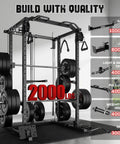 Built Like A Tank Power Cage Rack With Cable Crossover System And 2000 Pound Load Bearing Capacity For Game Changing Home Gym Setup Including Black Steel Framing Multi Function Workout Machine With Extra Training Attachments view showcasing safety, pull-up bar, weights.