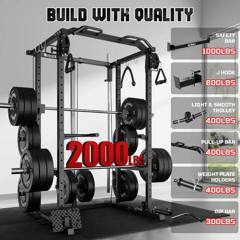 Built Like A Tank Power Cage Rack With Cable Crossover System And 2000 Pound Load Bearing Capacity For Game Changing Home Gym Setup Including Black Steel Framing Multi Function Workout Machine With Extra Training Attachments view showcasing safety, pull-up bar, weights.