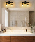 2 Light Vanity Fixture With Clear Globe Shade Black And Gold Finish Modern Wall Sconce For Bathroom Mirror Vintage Mid Century Vibe 14 Inch Long Bulb Not Included Perfect For Hallway Or Bedroom, illuminated in bathroom setting