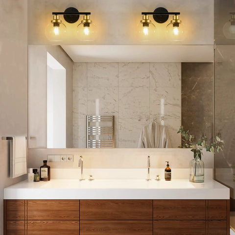 2 Light Vanity Fixture With Clear Globe Shade Black And Gold Finish Modern Wall Sconce For Bathroom Mirror Vintage Mid Century Vibe 14 Inch Long Bulb Not Included Perfect For Hallway Or Bedroom, illuminated in bathroom setting