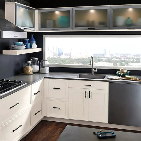 Modern kitchen with Matte Black Stainless Steel Cabinet Handles 25 Pack With 3 Inch Hole Center, 5 Inch Overall Length Kitchen Drawer Pulls.