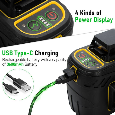 Close-up of 360 Degree Self Leveling Laser Level With 12 Lines And 3D Self Leveling Tech, USB-C charging and power display