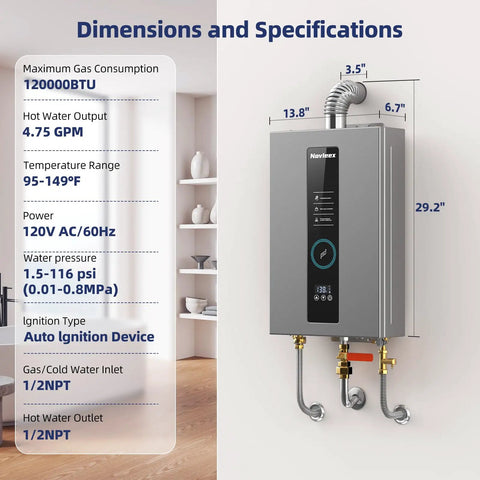 Indoor Natural Gas Tankless Water Heater Pushing Out Four Point Seven Five Gallons Per Minute While Cranking One Twenty Thousand Btu dimensions and specs.
