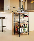 Top Shelf 3 Tier Rolling Bar Cart With Secure Wine Rack And Hassle Free Lockable Wheels, Rustic Brown utility drink shelf with glasses.