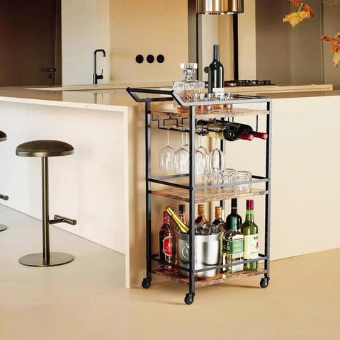 Top Shelf 3 Tier Rolling Bar Cart With Secure Wine Rack And Hassle Free Lockable Wheels, Rustic Brown utility drink shelf with glasses.