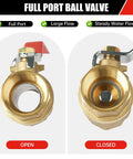 Top view of 2 Pack Brass 1/2 Inch Full Port Ball Valve With Red Vinyl Handle NPT Female To Female showing open and closed positions