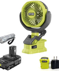 Cordless 4 Inch Clamp Fan Kit With 18V Ryobi Battery, Charger, And Pocket Flashlight, Lightweight, Dual Speed, 180 CFM