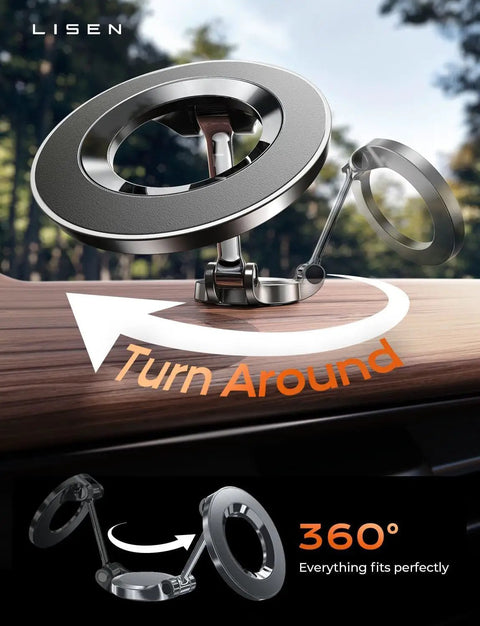 MagSafe Car Mount For iPhone 17 Pro Max With 24 Strong Magnets on dashboard, showcasing 360-degree rotation and slim design.