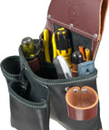 Tough As Nails Leather Tool Bag For Builders With 12 Pockets And Tool Holders Black And Green Reinforced Back Wall Proudly Made In USA
