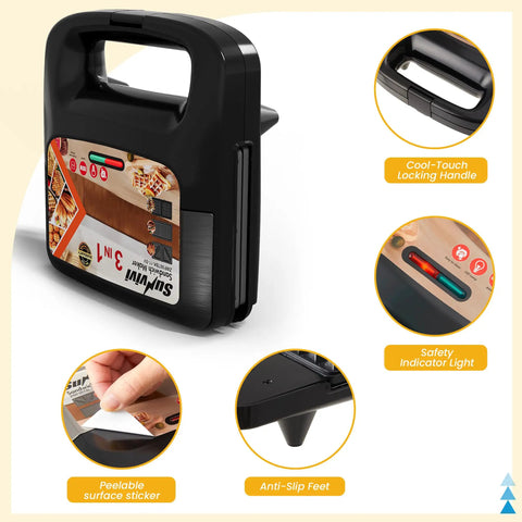 Awesome 3 in 1 Electric Sandwich Maker With Panini Press Grill And Waffle Iron Set showing cool-touch handle and indicator lights.