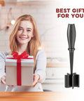 Five Blade Premium Stainless Steel Meat Chopper And Hamburger Press Tool For Fast Ground Beef Crumbling Chicken And Pork Preparation next to a smiling woman holding a gift box.
