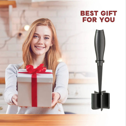 Five Blade Premium Stainless Steel Meat Chopper And Hamburger Press Tool For Fast Ground Beef Crumbling Chicken And Pork Preparation next to a smiling woman holding a gift box.