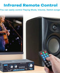 Bluetooth 5.0 Mini Stereo Amplifier 30W X2, Beefy 200W Peak Power, displayed with speaker, remote control in hand.