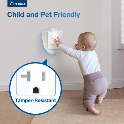 Child reaching for a tamper-resistant electrical wall outlet, showcasing safety features of 100 Pack 20 Amp 125 Volt Tamper Resistant Electrical Wall Outlets Heavy Duty Duplex Receptacles With Safety Shutters For Garage Kitchen Workshop Solid Workhorse Setup.