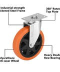 Heavy Hitter 6 Inch Caster Wheels Set Of Four With Ball Bearings And 360 Degree Swivel Action showing polyurethane wheel and steel frame.