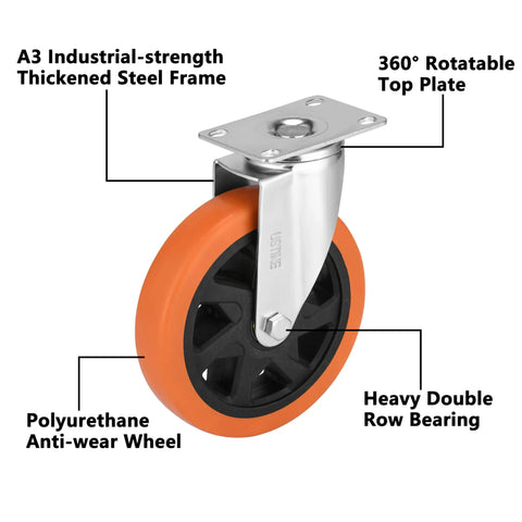 Heavy Hitter 6 Inch Caster Wheels Set Of Four With Ball Bearings And 360 Degree Swivel Action showing polyurethane wheel and steel frame.