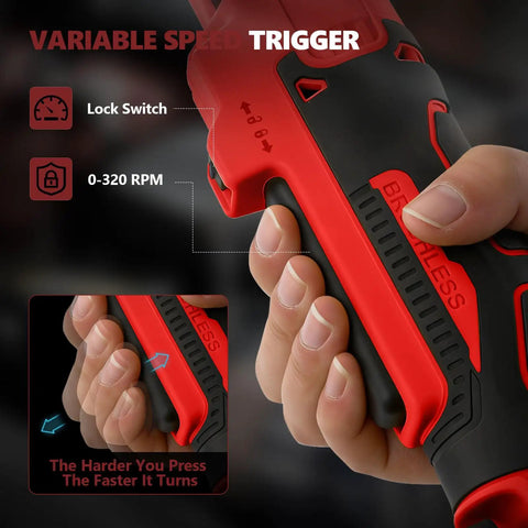 Close-up of hand adjusting variable speed trigger on upgraded brushless three eighths inch cordless ratchet wrench beast mode.