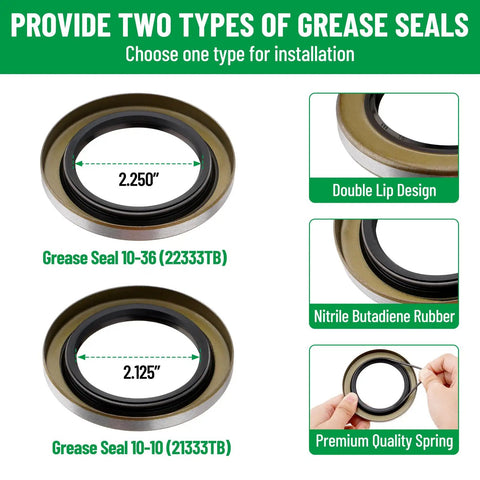 Close-up of two grease seals 10-36 and 10-10 from Ready To Roll Premium Trailer Hub Bearing Kit For Tandem Axles 5200 6000 Lb