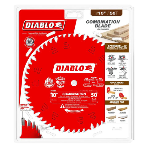 Premium Combo Saw Blade 10 Inch With 50 Precision Teeth Made For Smooth Rip And Crosscut Work On Any Lumber packaging front view.