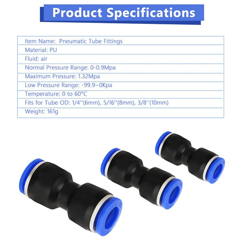 Get Your Hands On These 30 Pieces Of Quick Connect Air Hose Fittings Straight Up For 1/4 Inch And Bigger Tubes Made To Fit Perfectly Without Leaks Or Hassle In Your Shop. black PU pneumatic tube fittings, 1/4, 5/16, 3/8 inch