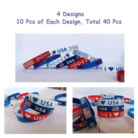 Patriotic USA Flag Silicone Wristbands Pack Of 40 For Fourth Of July Memorial Day And Veterans Day Party Favors Red White And Blue Four Designs