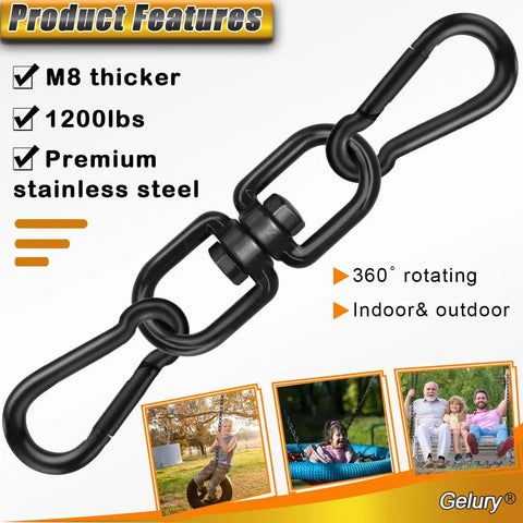 Rock Solid Black 304 Stainless Steel Swivel Ring With Twist Resistant Dual Snap Hooks And Smooth Action Rotation For Tree Swing Hammock Heavy Duty Rigging M8 Size with features highlighted.