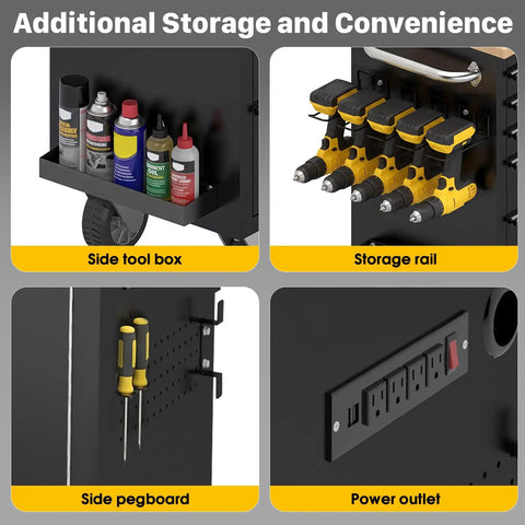 72 Inch Rolling Tool Chest With Power Outlet, Heavy Duty Tool Cabinet With 10 Drawers, Adjustable Dividers, Rubber Wood Workbench, Key Locking System And Drawer Liners For Garage Workshop side storage