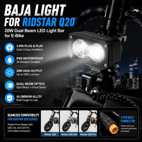 Ridstar Q20 Ready 20W LED Ebike Headlight With 3-Pin Dual Beam, 6000-6500K Bright Light, IP68 Waterproof on bike handlebar