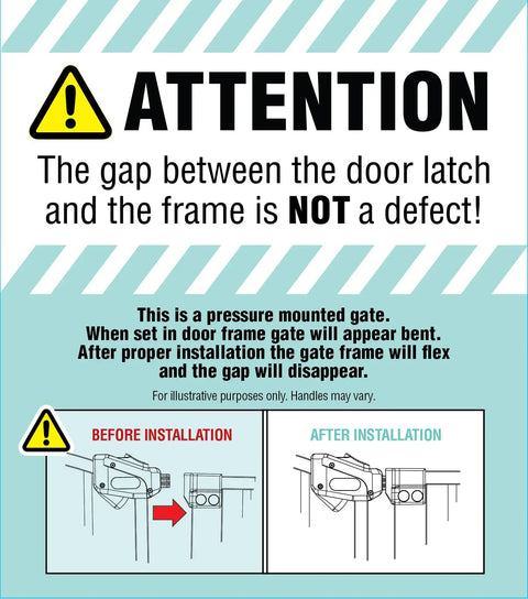 Installation guide showing before and after setup of Extra Tall 36 Inch Baby Gate With Door, Pressure Mount For Doorways And Bottom Of Stairs.