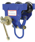 Heavy-Duty Steel Quick Install Manual Trolley, 1000 Lb Capacity, blue, side view, lifting eye, four sealed-bearing rollers.