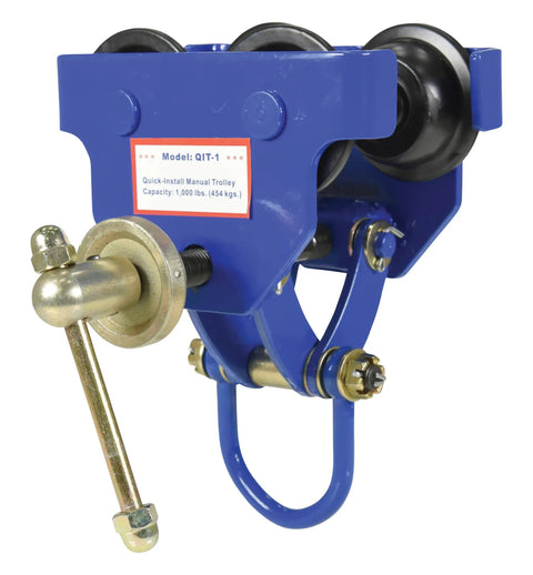 Heavy-Duty Steel Quick Install Manual Trolley, 1000 Lb Capacity, blue, side view, lifting eye, four sealed-bearing rollers.