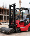 Heavy Duty Electric Forklift Truck, EV Powered Counterbalance Rig For Warehouses And Logistics lifting steel bars at a construction site.
